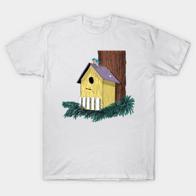 Funny Bluebird on Birdhouse T-Shirt by H. R. Sinclair